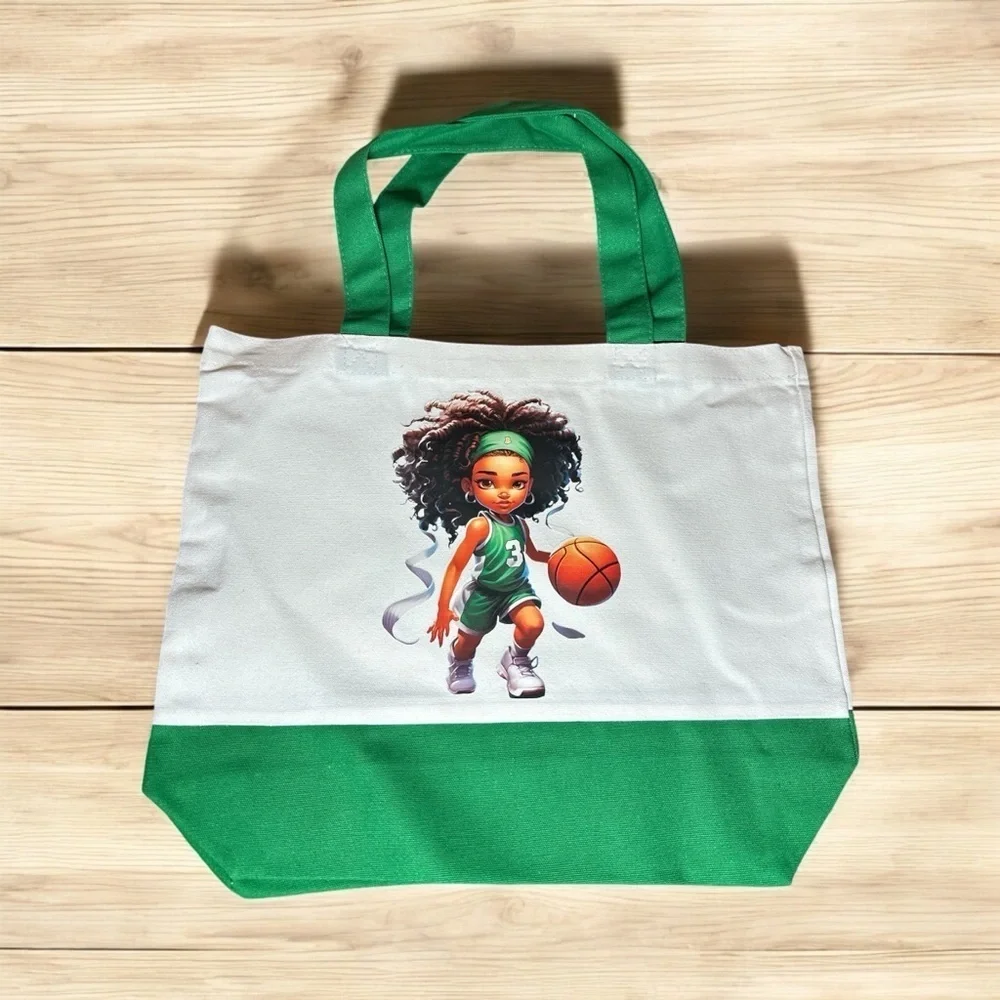 Large Canvas Tote Bag with Basketball Girl Art | Hand Pressed | 17”x14” | New